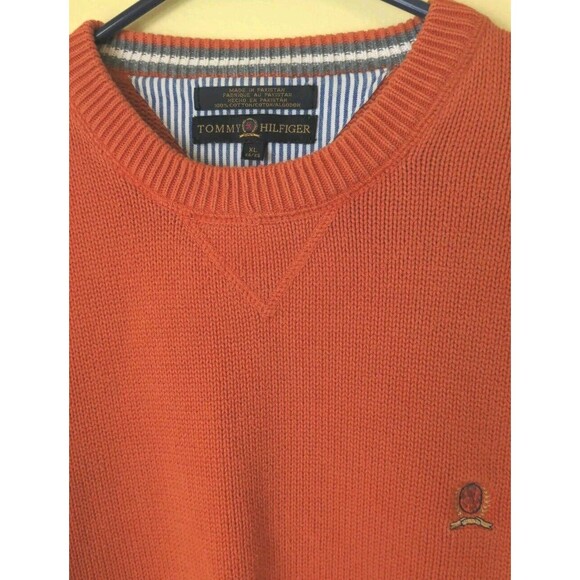 VTG Mens XL Tommy Hilfiger Orange Sweater Embroidered Crest Pullover 90's Preppy - Picture 4 of 7